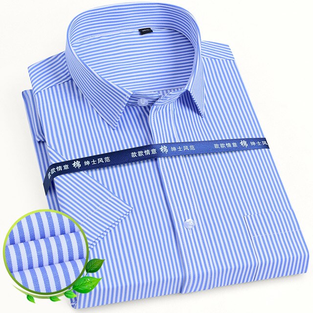 Men&#39;s Classic Short Sleeve Solid/striped Basic Dress Shirts Single Patch Pocket Business Standard-fit Summer Casual Office Shirt
