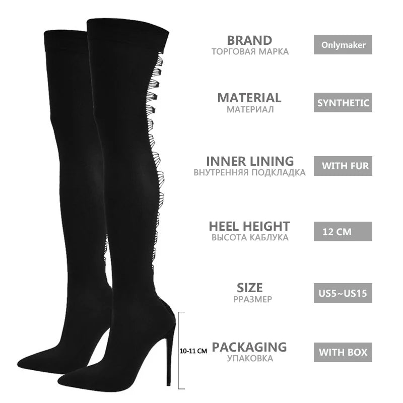 Onlymaker frauen Stiefel Spitz Schwarz Über Das Knie Oberschenkel Hohe Stiletto Stretch Socke Sexy Mode Strumpf Sexy Lange stiefel