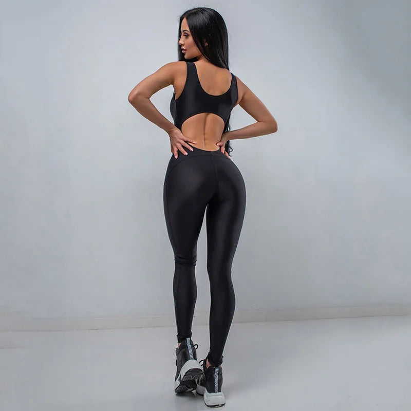 Oshoplive Weibliche Zurück Cut Out Ärmellose Sport Overalls Einfache Sexy Schwarz Lange Overall Frauen Elegante Bodycon Sportswear