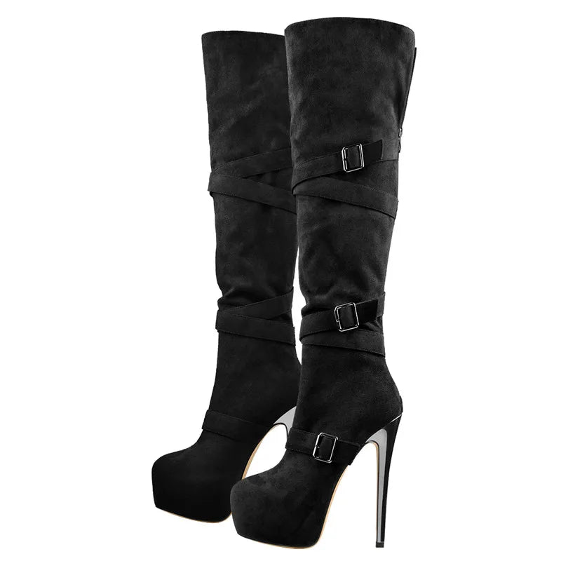 Only maker Frauen schwarze Plattform über dem Knie Stiefel 16cm High Heel Stiletto Schnalle High Back Reiß verschluss Plus Size Stiefel