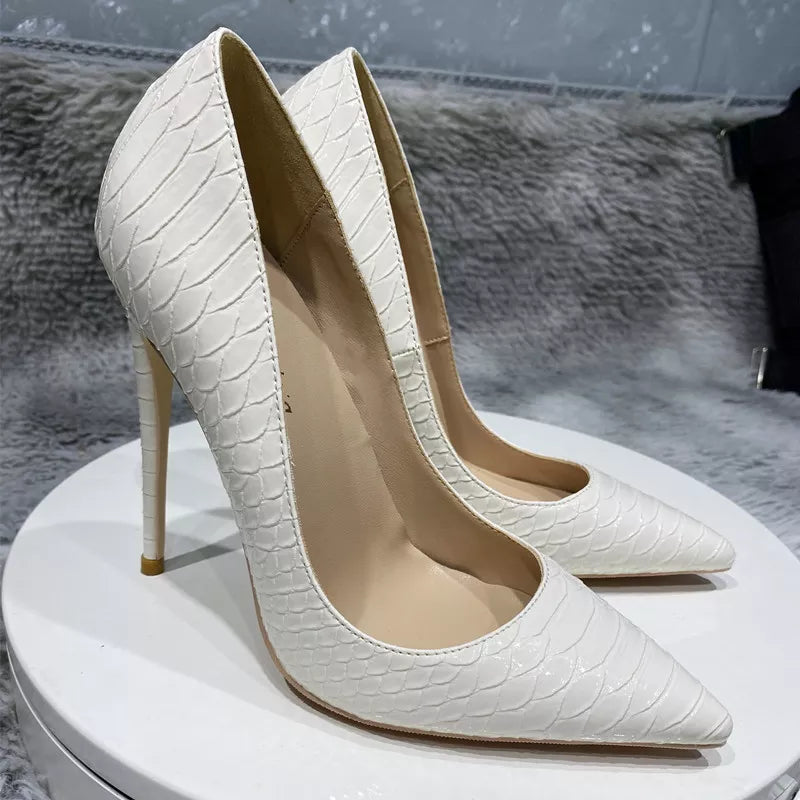 Women's snake print high-heeled shoes, sexy Stilettos, white, pointed toe, 12cm/10cm/8cmheels