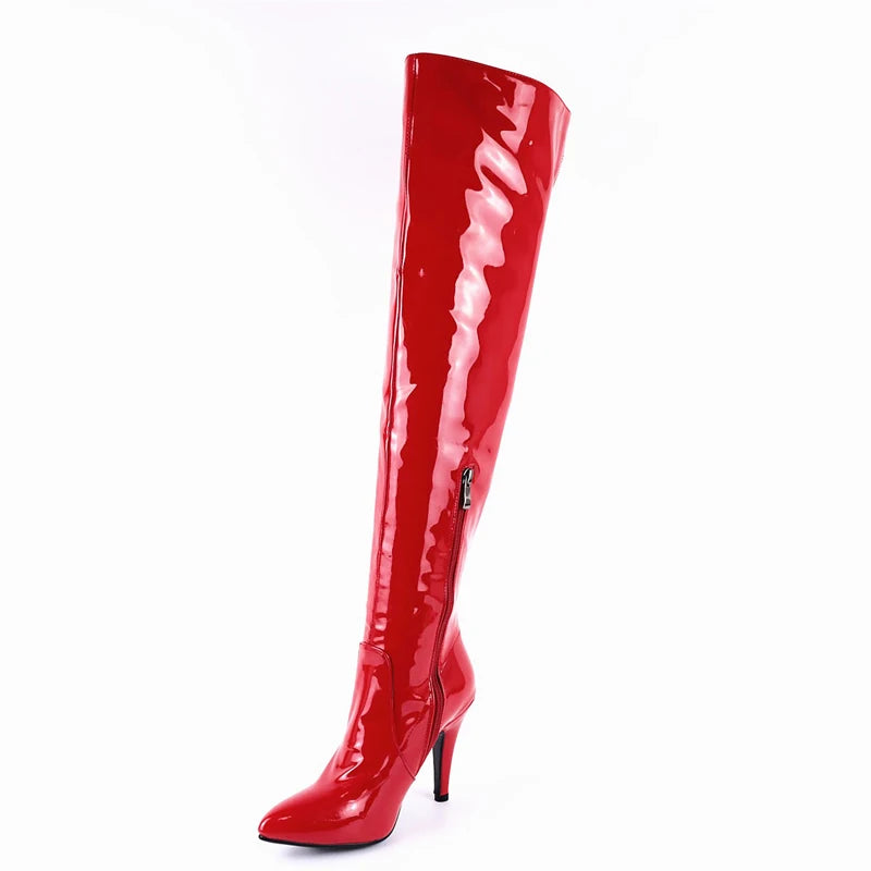 Zeigte Super Hohe Stiletto Patent Leder Über-Die-Knie Stiefel Helle Leder Kurze Plüsch Seite Zipper Stiefel