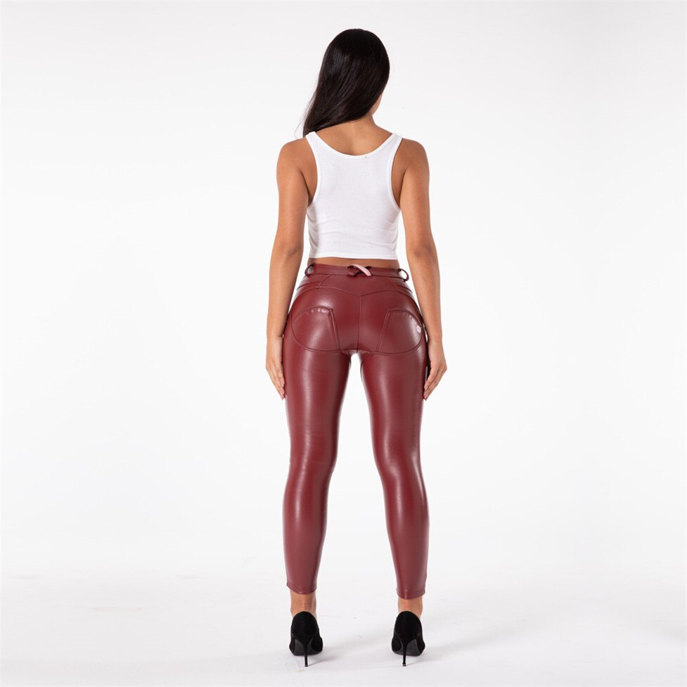 Shascullfites Red Faux Leather Pants Womens Elastic Sexy Booty Pants Women Push Up Jeggings