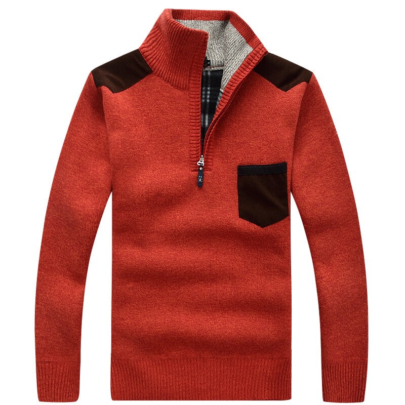 New Winter Mens Pullover Knitted Sweater Male Wool Fleece Thick Casual Pullover Patchwork Warm Pocket Sweater Standing Collar