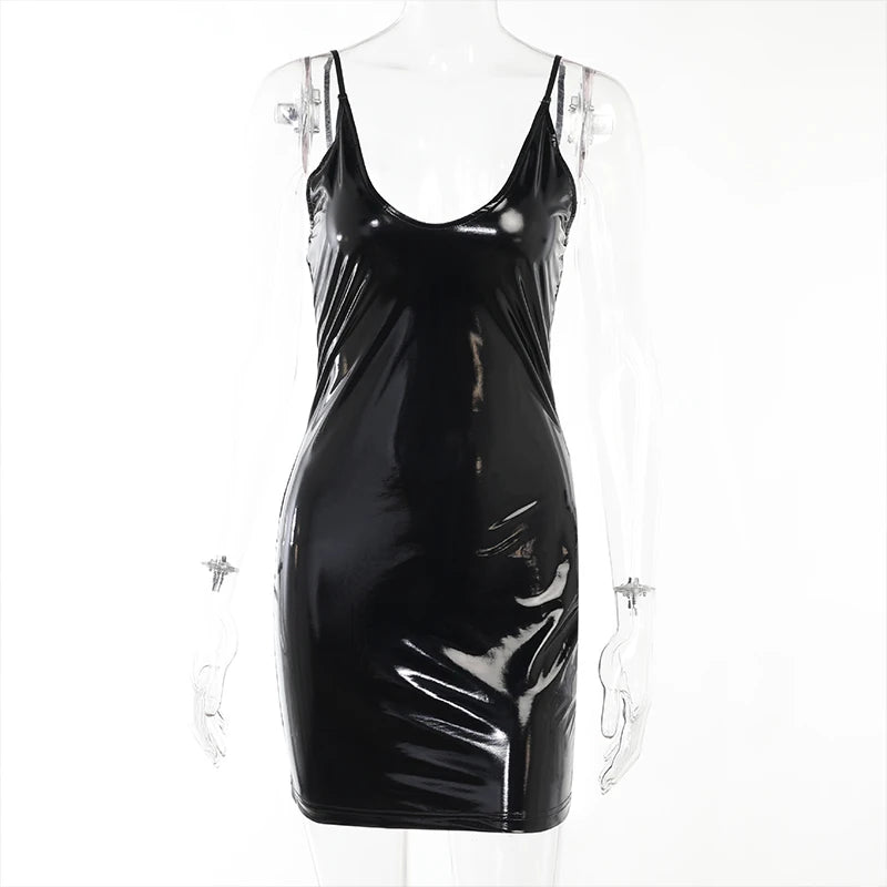 Sexy Bodycon Latex Leder Mini Cami Kleider Frauen Spaghetti Strap Ärmellose Knielangen PVC Plus Größe Kleid Neue Custom