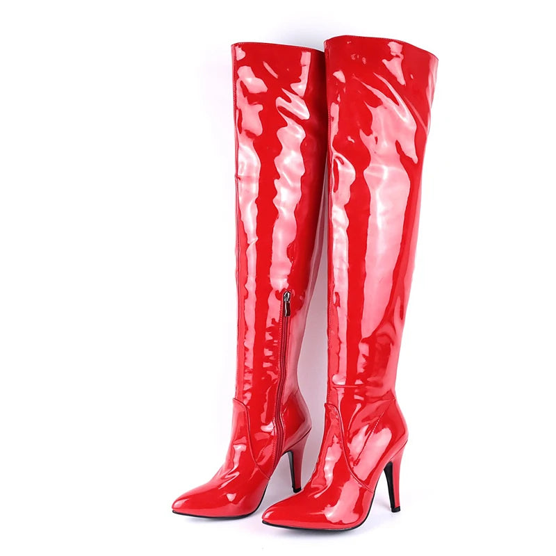 Zeigte Super Hohe Stiletto Patent Leder Über-Die-Knie Stiefel Helle Leder Kurze Plüsch Seite Zipper Stiefel