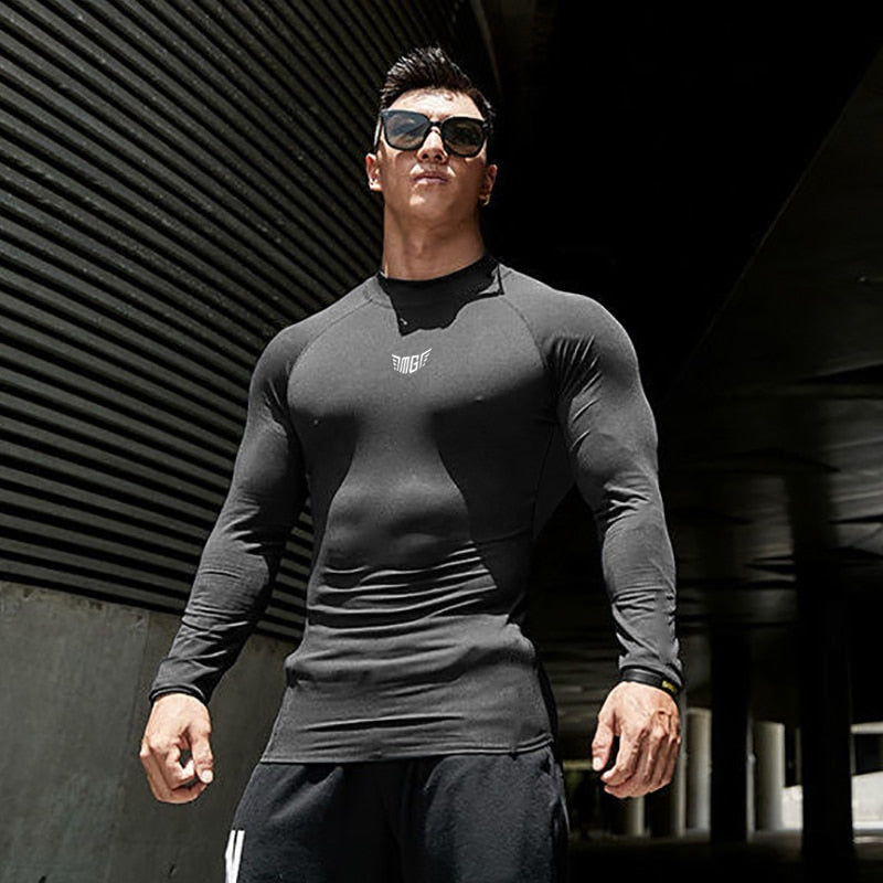 Mens Compression Shirt Running Long Sleeve T-shirt Hight Collar Sportswear Quick Dry Elasticity Tight Bodybuilding Gym Clothing