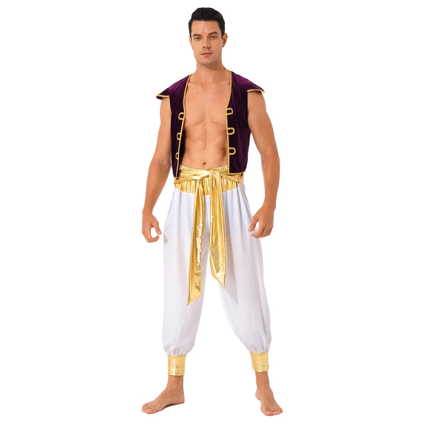 Men Arab Prince Costume Fairy Tale Suits Halloween Cosplay Fancy Outfit Cap Sleeve Vest Waistcoat with Belted Bloomers Pants