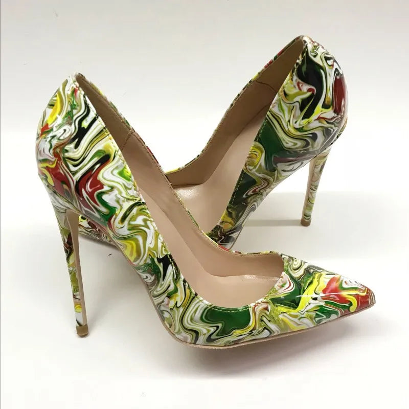 Graffiti high heels 12cm Women's pointed high heels, wedding shoes, graffiti, shiny leather, size 35-43, 12 / 10 / 8 cm, high he