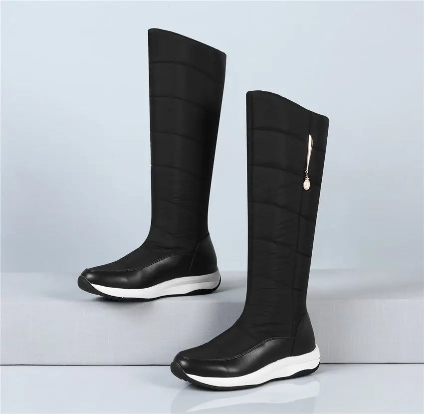 Winter Echt leder Frauen Plattform Schneeschuhe warm Plüsch weiß schwarz Perle lässig Reise Damen Keil Slip-On kniehohe Stiefel