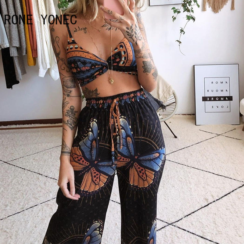 Frauen Zwei Stück Set Schmetterling Graphic Print Crop Top & Breite Bein Hosen Set Frauen Anzug