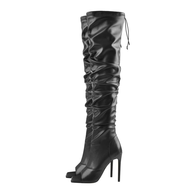 Only maker Frauen Peep Toe schwarz matt über dem Knie Stiefel prägnante Mode Stiletto High Heel Reiß verschluss Stiefel