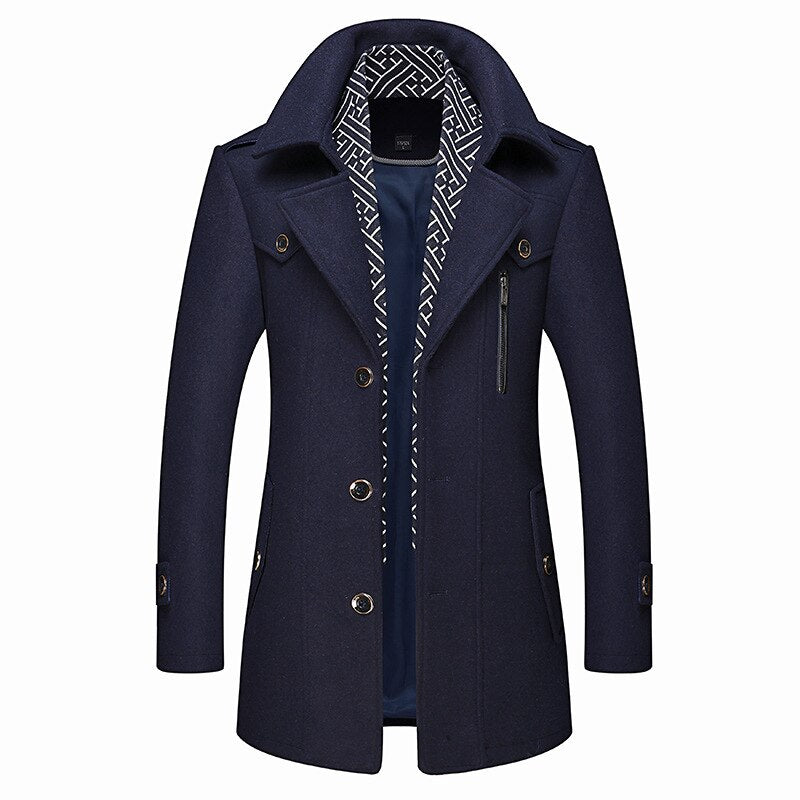 Men Coat Wool Overcoat Fashion Turn Collar Warm Male Coat Jackets Woolen Mens Coats Blends Scarf Casual Outwear Single Breasted