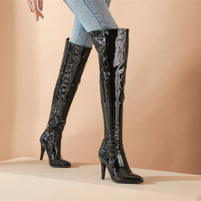 Zeigte Super Hohe Stiletto Patent Leder Über-Die-Knie Stiefel Helle Leder Kurze Plüsch Seite Zipper Stiefel