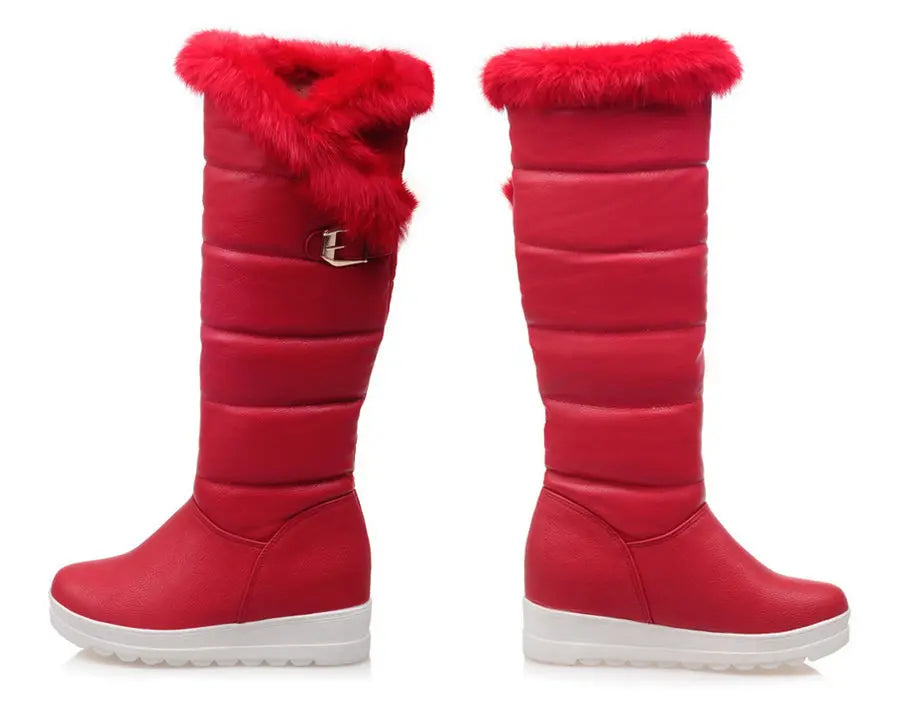 Rot Winter Frauen Warme Pelz Kniehohe Schnee Stiefel Rot Schwarz Dicken Plüsch Runde Kappe Schnalle Dame Höhe Zunehmende plattform Lange Stiefel