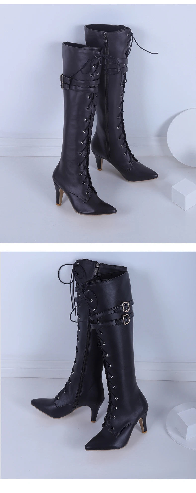 Übergroßen Spitz Kreuz Lace-Up Stiefel Sexy Katze Ferse Doppel Gürtel Schnalle Motorrad Stiefel Straße Trend Weibliche Knie-länge Boot