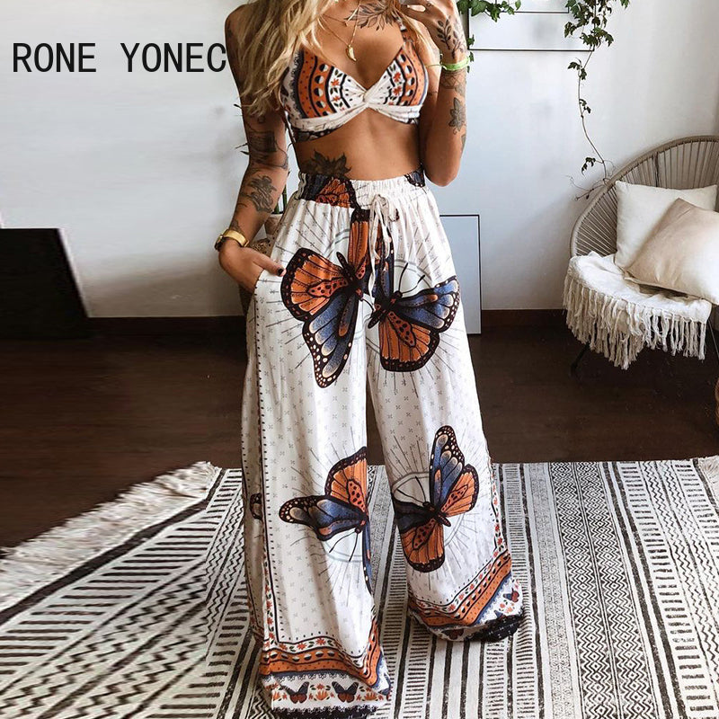 Frauen Zwei Stück Set Schmetterling Graphic Print Crop Top & Breite Bein Hosen Set Frauen Anzug