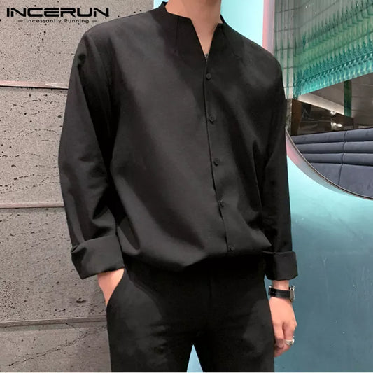 2023 Fashion Men Brand Shirt Solid Long Sleeve Button V Neck Chic Streetwear Casual Blouse Korean Style Shirts Camisas INCERUN