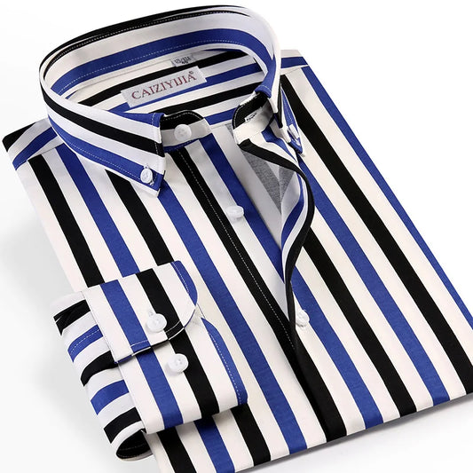 Men&#39;s Fashion Multi-Color Vertical Striped Long Sleeve Shirts Pocketless Design Button-down Standard-fit Holiday Casual Shirt