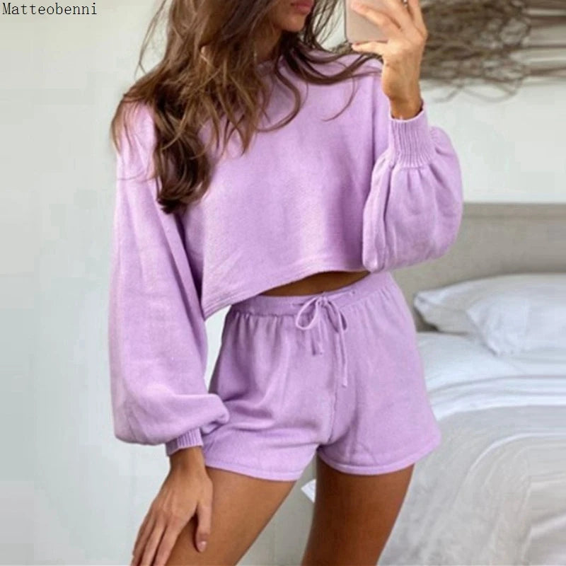 Frühling Casual Solide Pullover Zwei Stück Outfits Trainingsanzug Frauen Puff Sleeve Top Und Shorts Anzüge Sommer Sexy 2 stücke Passenden sets