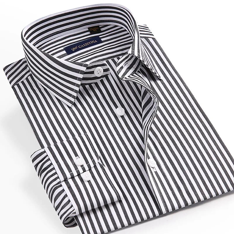 Men&#39;s Non-Iron Long-Sleeve Striped Dress Shirt Pocketless Design Comfortable 100% Cotton Business Casual Standard-fit Shirts