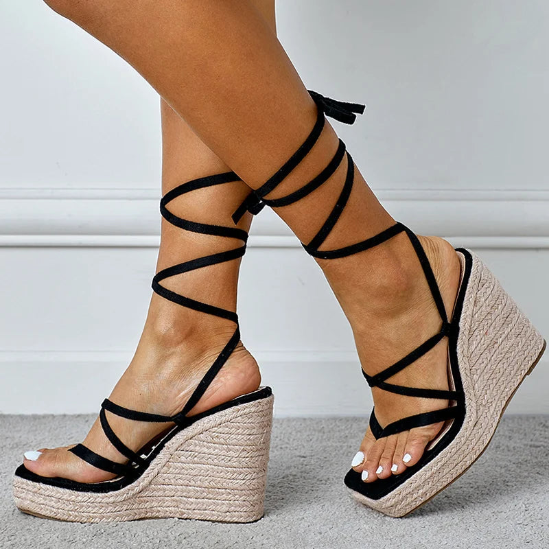 Mode 12,5 CM Keile Heels Plattform Sandalen Frauen Sommer Grün Schmale Band Öffnen Toe Ankle Lace-Up Party Kleid schuhe Plataforma