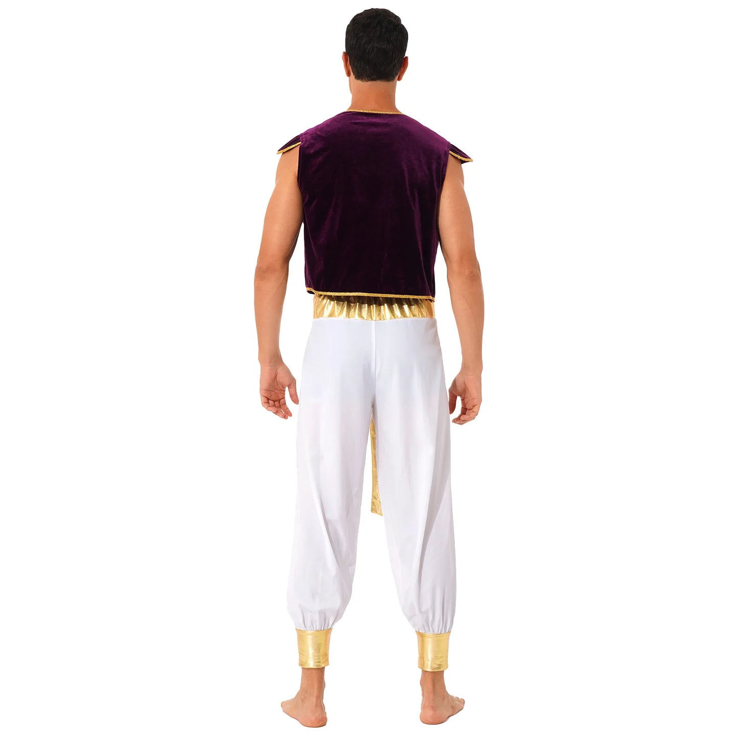 Men Arab Prince Costume Fairy Tale Suits Halloween Cosplay Fancy Outfit Cap Sleeve Vest Waistcoat with Belted Bloomers Pants