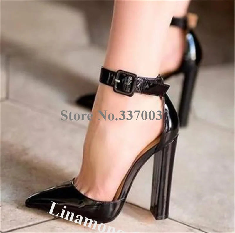 Linamong Frauen Elegante Spitz Patent Leder Chunky Ferse Pumps Riemchen Schnalle Weiß Schwarz Dicken High Heels Club Schuhe