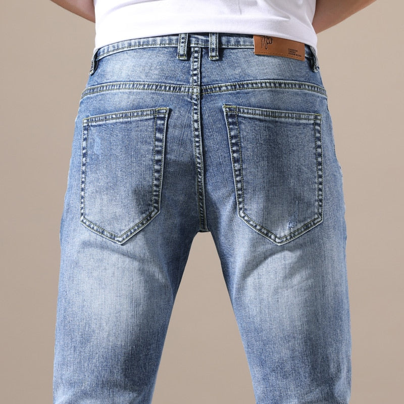 Jeywood Brand Clothing Jeans Men High Quality Stretch Light Blue Denim Fashion Pleated Retro Pocket Skinny Trousers Pants 28-40