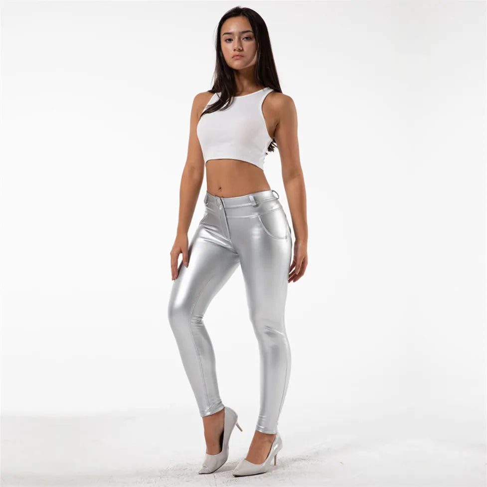 Shascullfites Melody Metallic Leder Hosen Vier Ways Dehnbar Reflektierende Dünne Warme Hosen Für Frauen Party Club Tragen