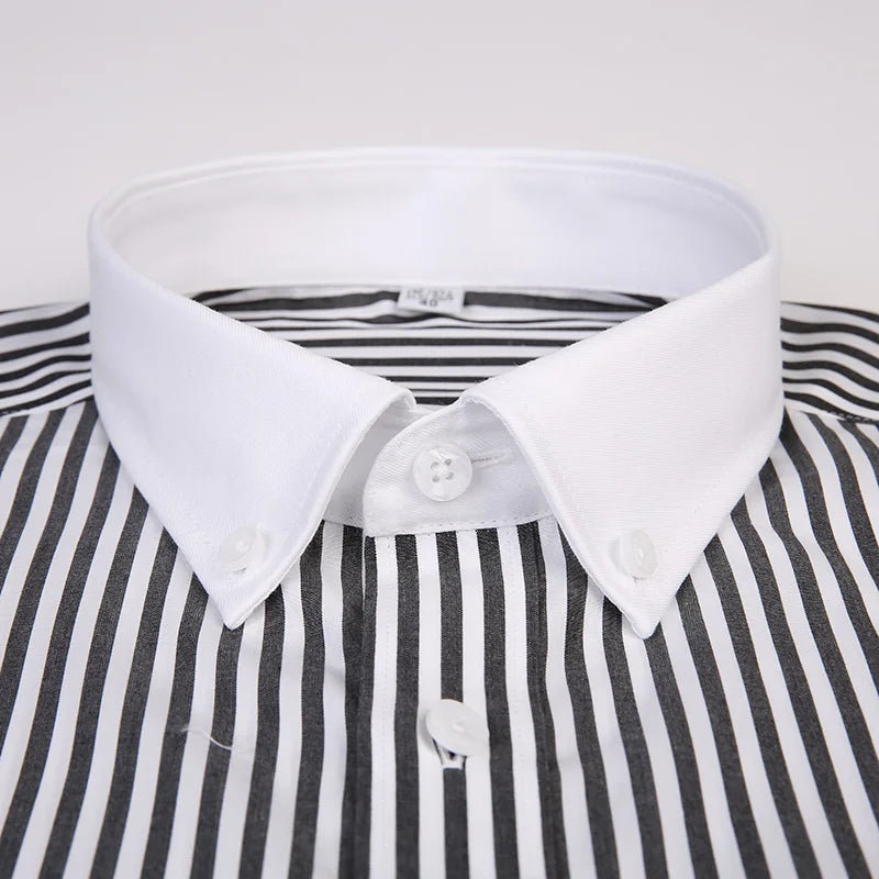 Men&#39;s Fashion Patchwork Collar Long Sleeve Striped Dress Shirt Without Pocket Comfortable Cotton Standard-fit Button-down Shirts