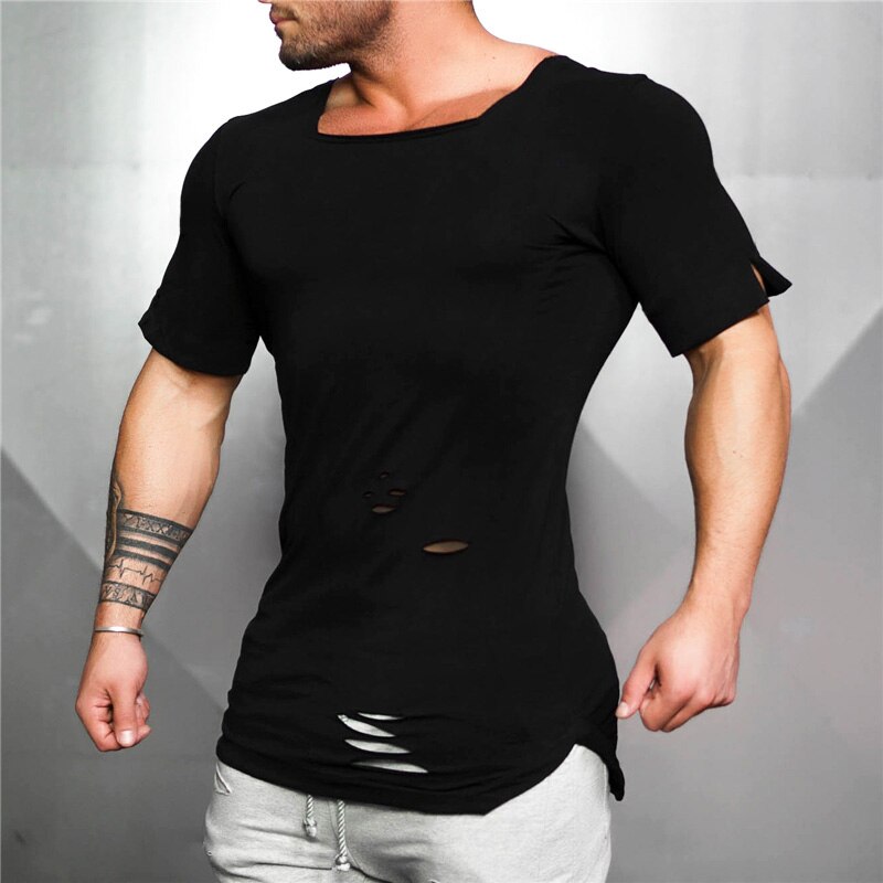 Muscleguys Brand Extend Long T Shirt Men Fashion Vintage Hole Fitness Tshirt Summer Short Sleeve Gyms Slim Fit T-shirt Hip Hop