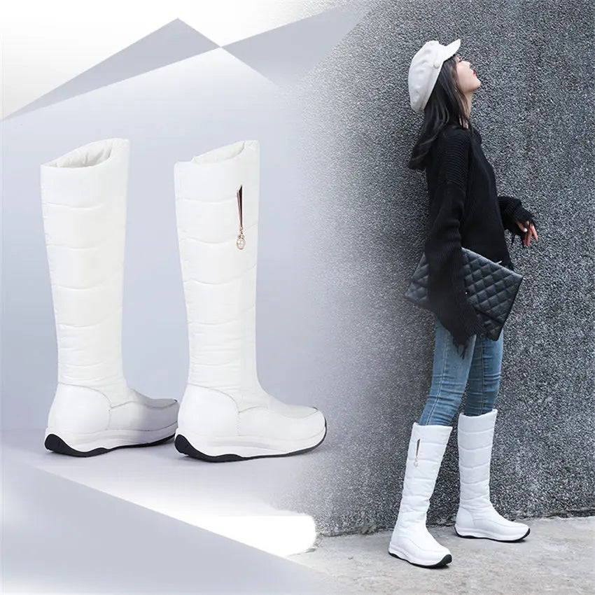 Winter Echt leder Frauen Plattform Schneeschuhe warm Plüsch weiß schwarz Perle lässig Reise Damen Keil Slip-On kniehohe Stiefel