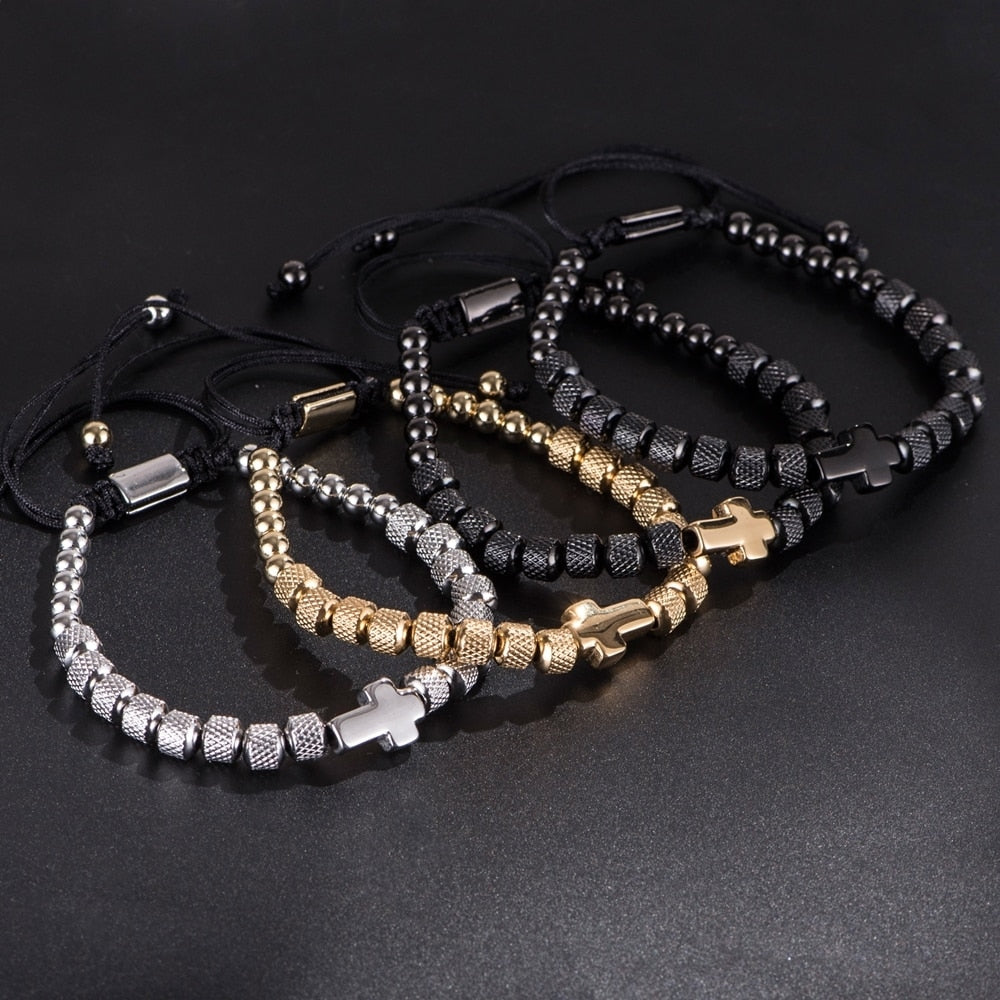 Charm  Bracelet Cross Stainless Steel Beaded Bracelets Handmade Men Women Prayer Fitness Chain Couple Jewelry Gift