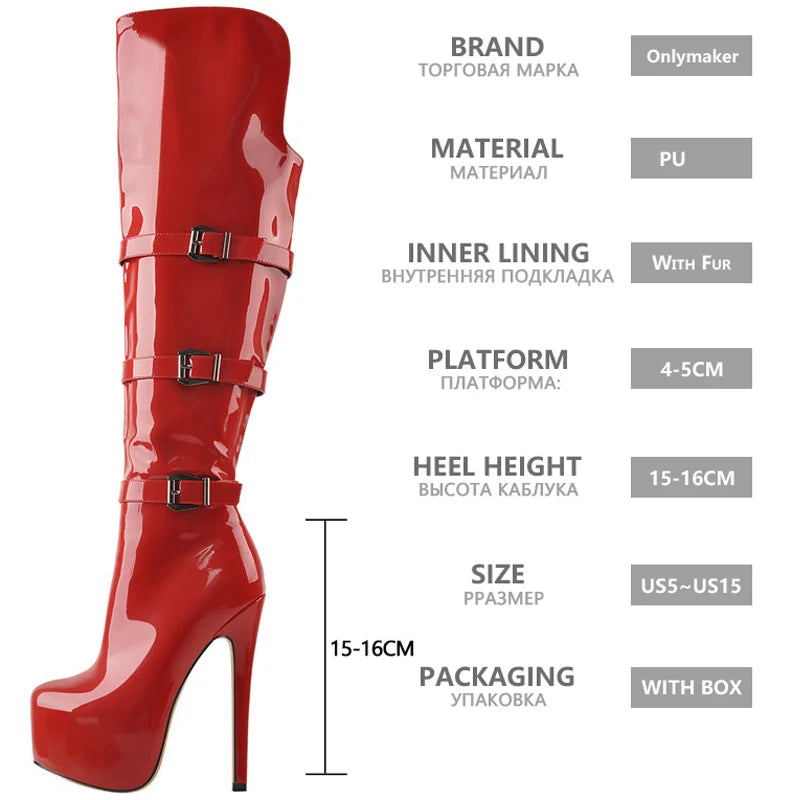 Only maker Frauen Plattform runde Zehen Stiletto Seite Reiß verschluss über dem Knie hohe Stiefel Lack leder rot Mode sexy Winters tiefel