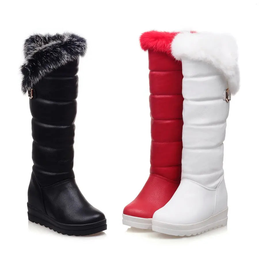 Rot Winter Frauen Warme Pelz Kniehohe Schnee Stiefel Rot Schwarz Dicken Plüsch Runde Kappe Schnalle Dame Höhe Zunehmende plattform Lange Stiefel