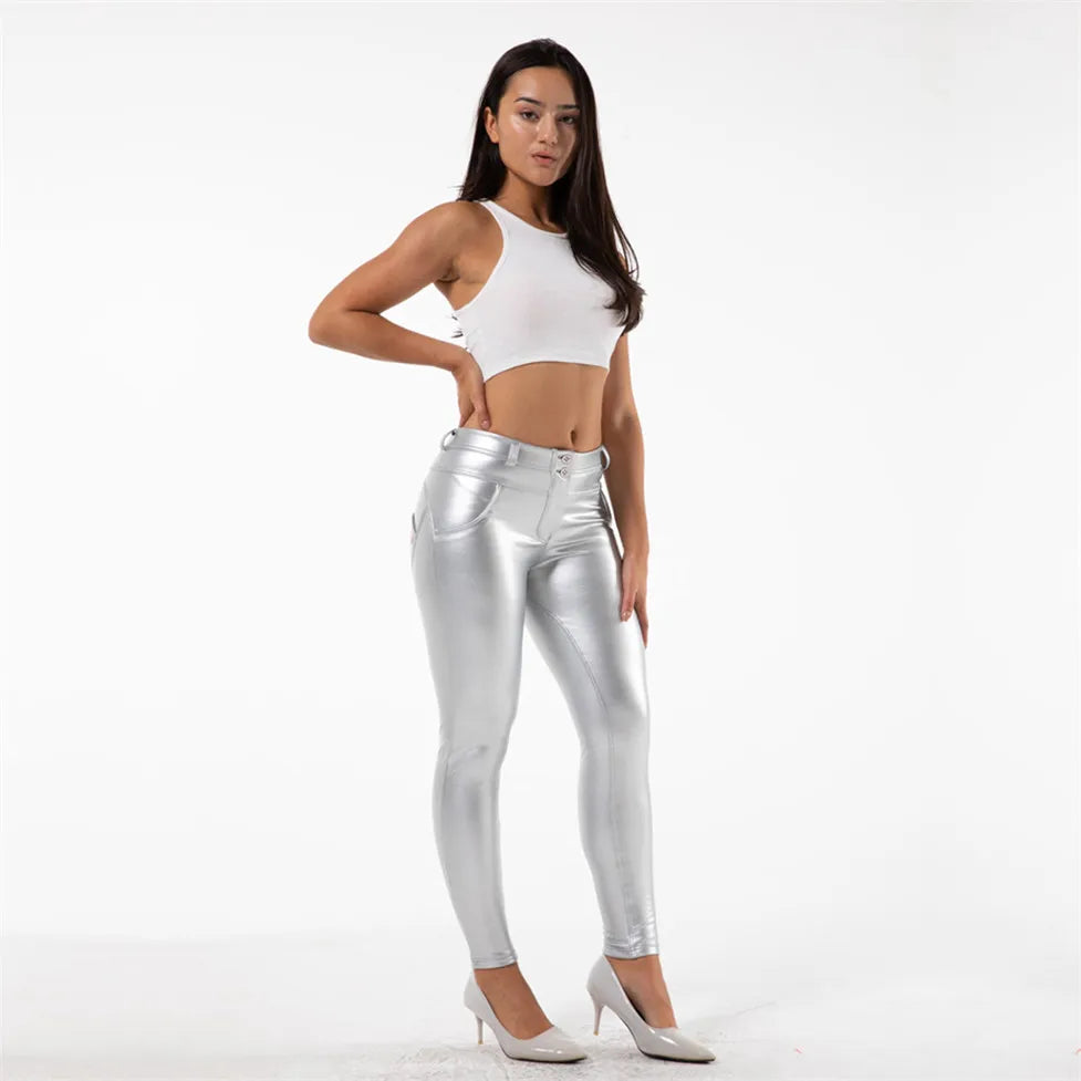 Shascullfites Melody Metallic Leder Hosen Vier Ways Dehnbar Reflektierende Dünne Warme Hosen Für Frauen Party Club Tragen