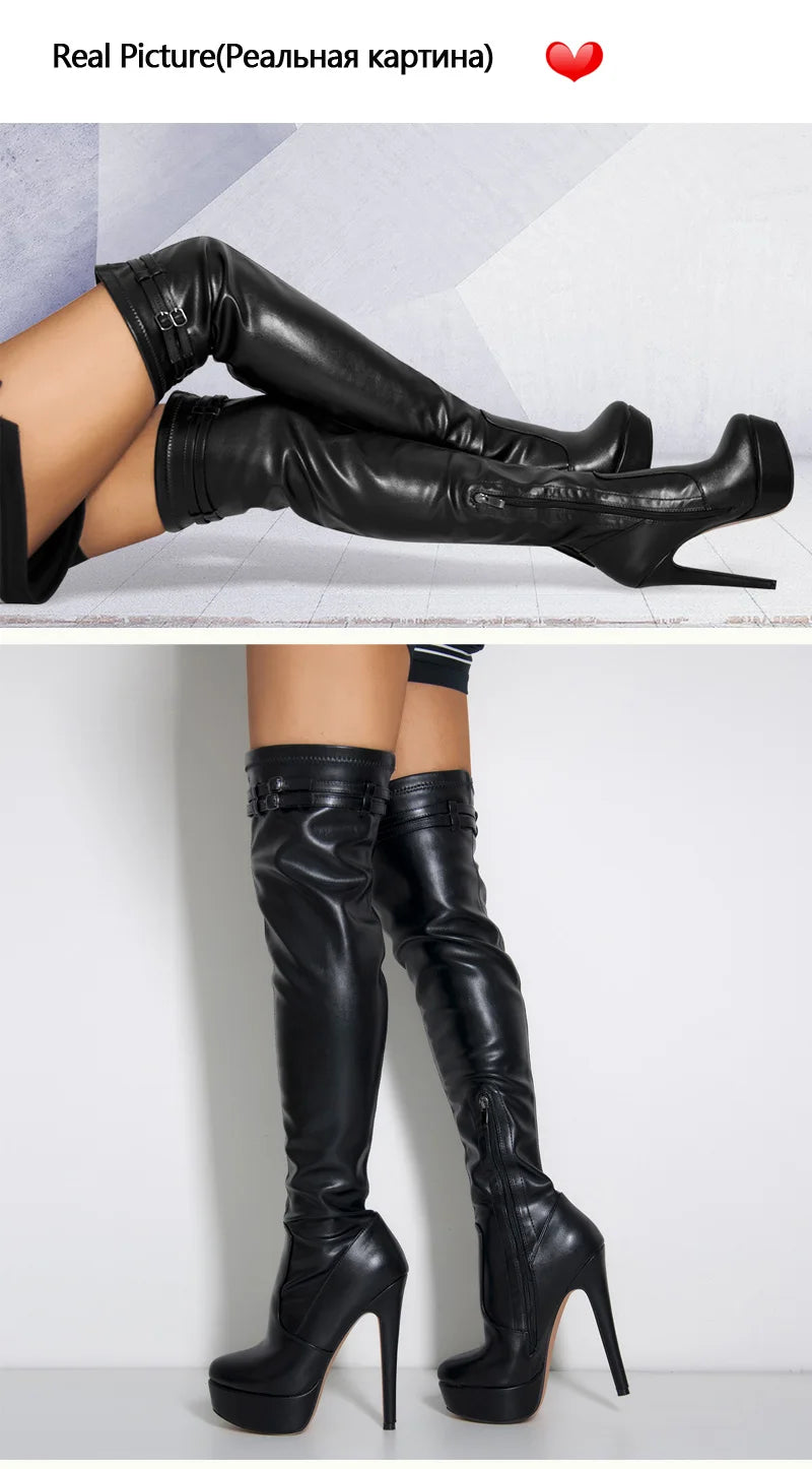 Only maker Frauen Plattform sexy über dem Knie Stiefel Dame High Heels Schnalle mattschwarz matt Winter weibliche Stiefel