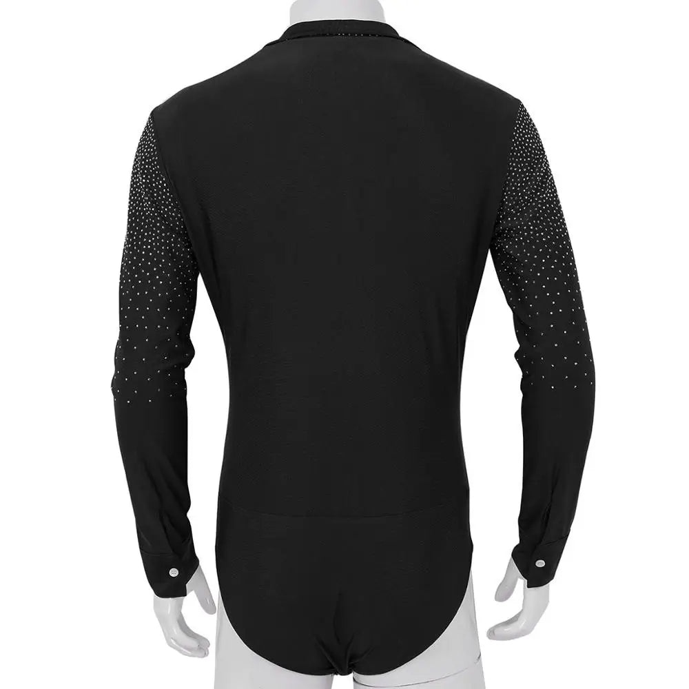 Mens Latin Dance Shirt Rhinestone V-Neck Men Dance Shirt Ballroom Latin Dancing Clothes Professional Competition Dancewear