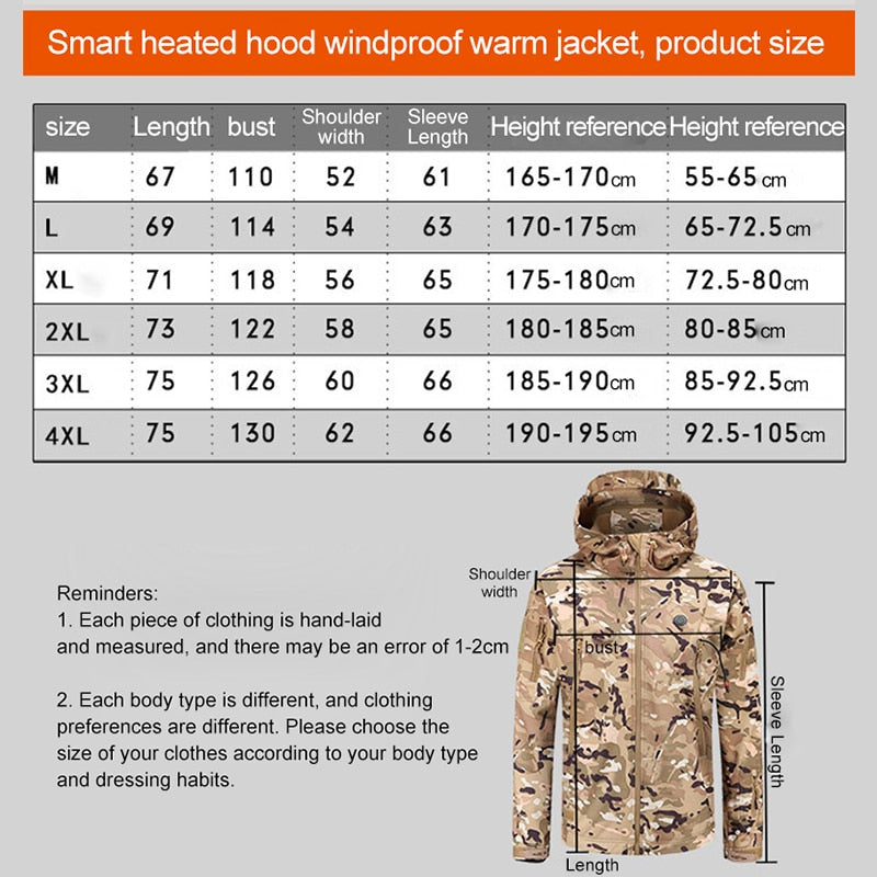 Outdoor Sports Heated Hiking Suit Winter Smart USB Electric Heating Jackets Tactical Suit Plus Fleece Thick Camouflage Warm Coat