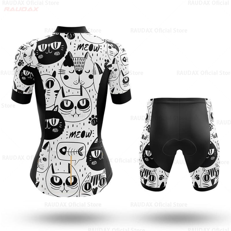 Cycling Clothing Breathable Woman White Cartoon Cat Cycling Jersey Summer Anti-Pilling Bike Clothing Top Road Team Bicycle Shirt