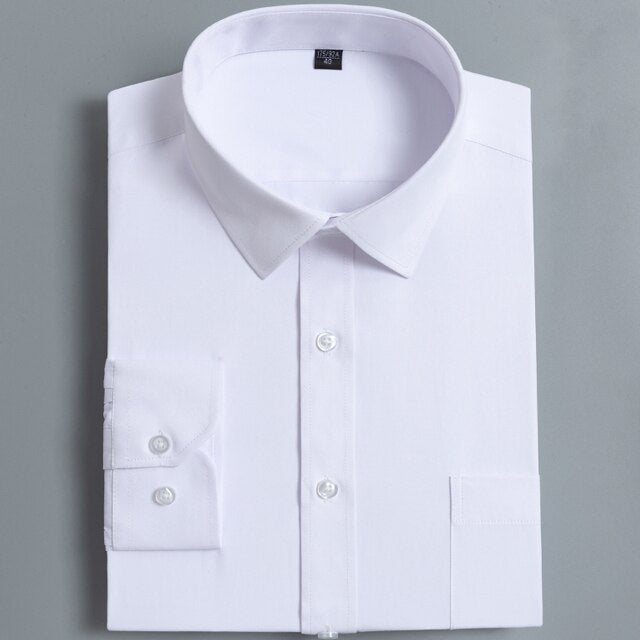 Men&#39;s Classic Work Office Long Sleeve Dress Shirt Single Patch Pocket Regular-fit Male White Formal Business Social Solid Shirts