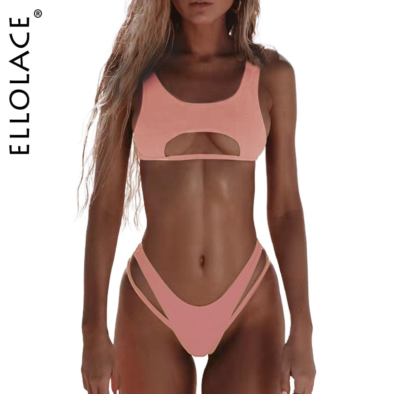 Ellolace Sexy Bikini Hollow Out Women&#39;s Swimsuit High Cut Micro Swimwear 2022 Stylish Bathing Suit Beach Outfits 2 Pieces