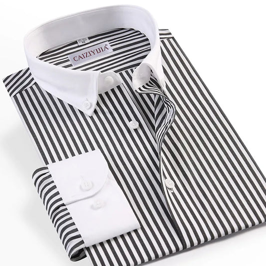 Men&#39;s Fashion Patchwork Collar Long Sleeve Striped Dress Shirt Without Pocket Comfortable Cotton Standard-fit Button-down Shirts