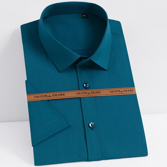 Men&#39;s Summer Short Sleeve Stretch Bamboo Fiber Dress Shirt Without Pocket Comfortable Standard-fit Smart Casual Easy Care Shirts