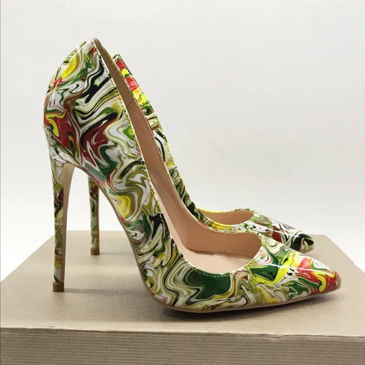 Graffiti high heels 12cm Women's pointed high heels, wedding shoes, graffiti, shiny leather, size 35-43, 12 / 10 / 8 cm, high he