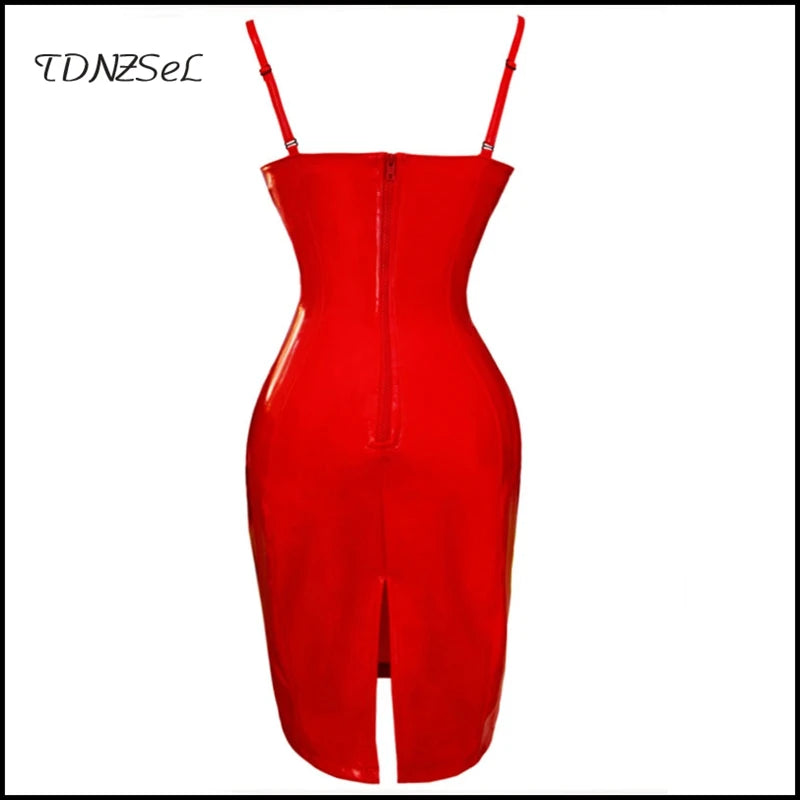 Frauen Sexy Patent Leder Spaghetti Strap Kleid Zurück Zip Sommer Ärmel Split Bleistift Kleider Bodycon Nachtclub Tragen Custom