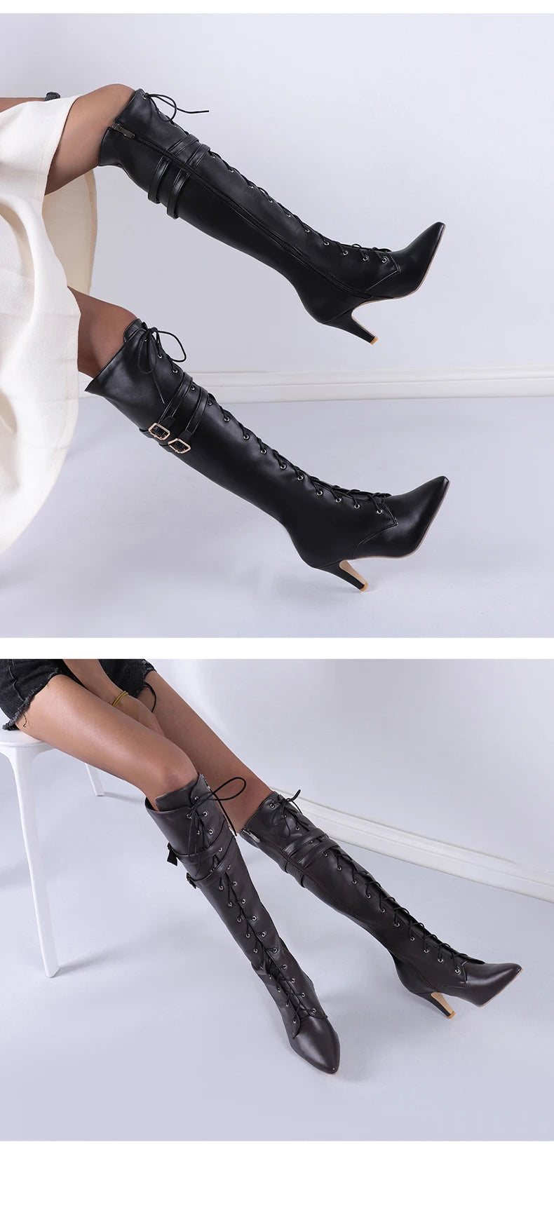 Übergroßen Spitz Kreuz Lace-Up Stiefel Sexy Katze Ferse Doppel Gürtel Schnalle Motorrad Stiefel Straße Trend Weibliche Knie-länge Boot