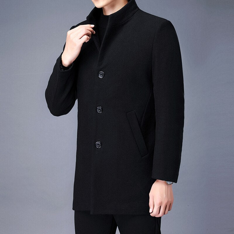 Winter Wool Coat Men Thick Coats Slim Fit Stand Collar Mens Fashion Wool Blend Outwear Jackets Smart Casual Trench Coat