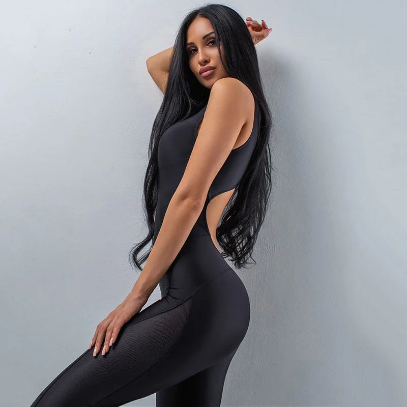 Oshoplive Weibliche Zurück Cut Out Ärmellose Sport Overalls Einfache Sexy Schwarz Lange Overall Frauen Elegante Bodycon Sportswear